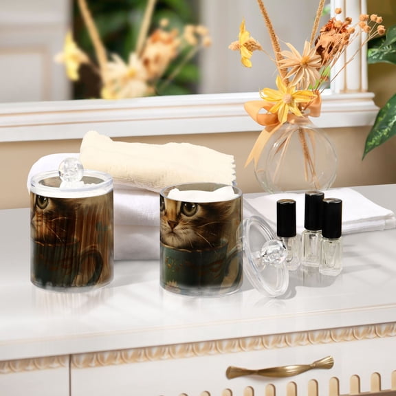Ckdifva Cat in Cup Storage Jar with Lid Acrylic Organization Storage Containers Set of 2