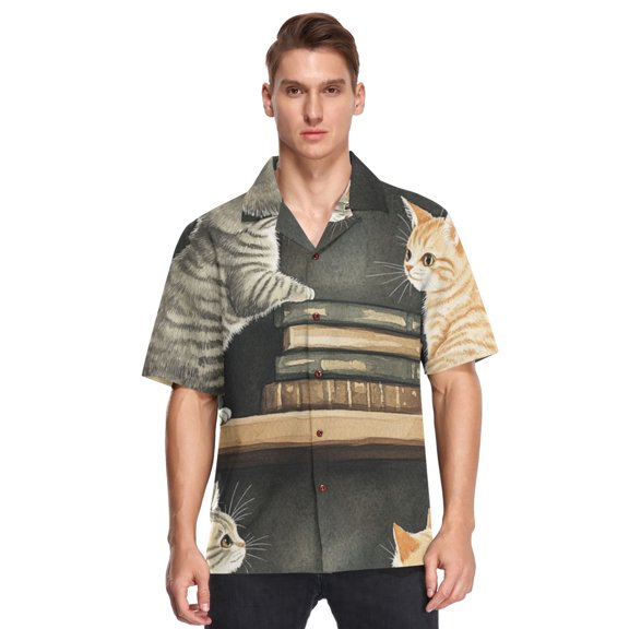 Ckdifva Cats and Books Mens Button Down Short Sleeve Shirt Casual Shirts Beach Hawaiian Shirts