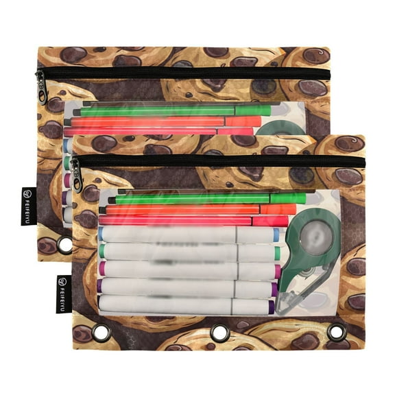 Ckdifva Chocolate Chip Cookies Pencil Pouch 3 Ring Zipper Pencil Case Binder Pockets Clear Top Cosmetic Bag 2 Pack