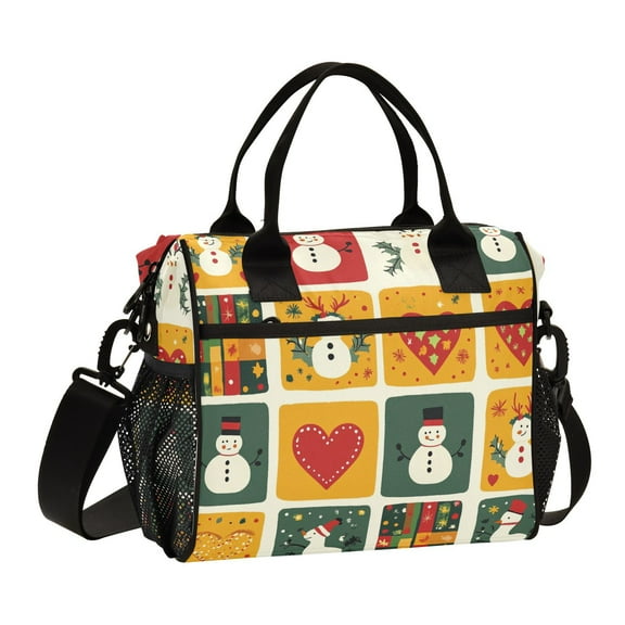 Ckdifva Christmas Squares Snowmen Cooler Bag Cooler Cooling Tote Lunch Bag Lunch Box Front Pocket with Shoulder Strap
