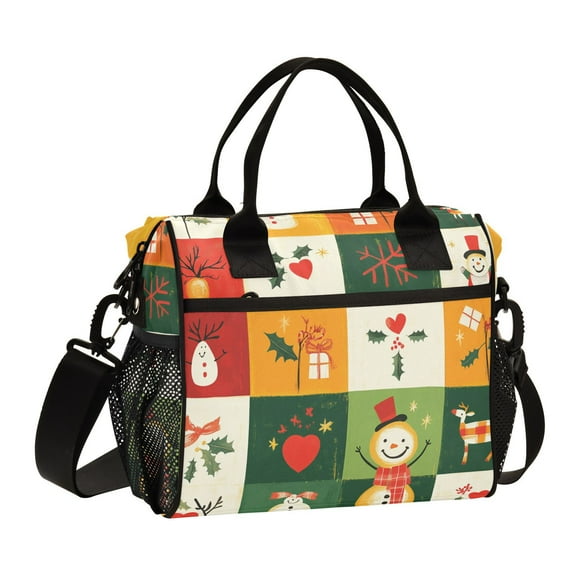 Ckdifva Christmas Squares Snowmen Hearts Cooler Bag Cooler Cooling Tote Lunch Bag Lunch Box Front Pocket with Shoulder Strap