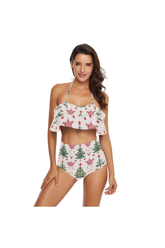 Christmas Trees and Snow Womens High Waisted Bikini Set Two Piece Swimsuit Bathing Suits