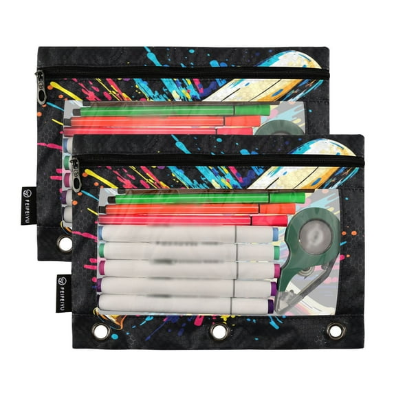 Ckdifva Colorful Baseball Bat Pencil Pouch 3 Ring Zipper Pencil Case Binder Pockets Clear Top Cosmetic Bag 2 Pack