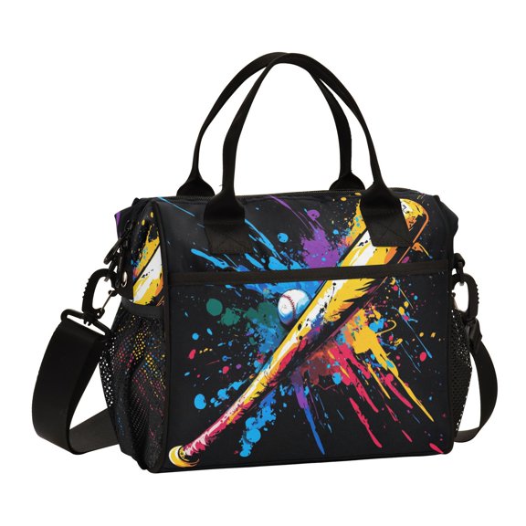 Ckdifva Colorful Baseball and Bat Cooler Bag Cooler Cooling Tote Lunch Bag Lunch Box Front Pocket with Shoulder Strap