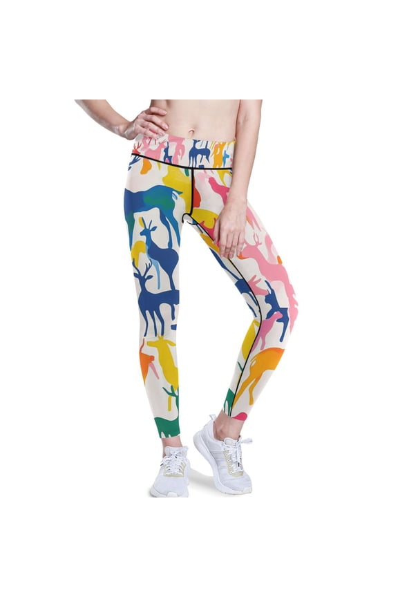 Colorful Deers Run Yoga Pants with Pockets for Women Workout Athletic Yoga Leggings