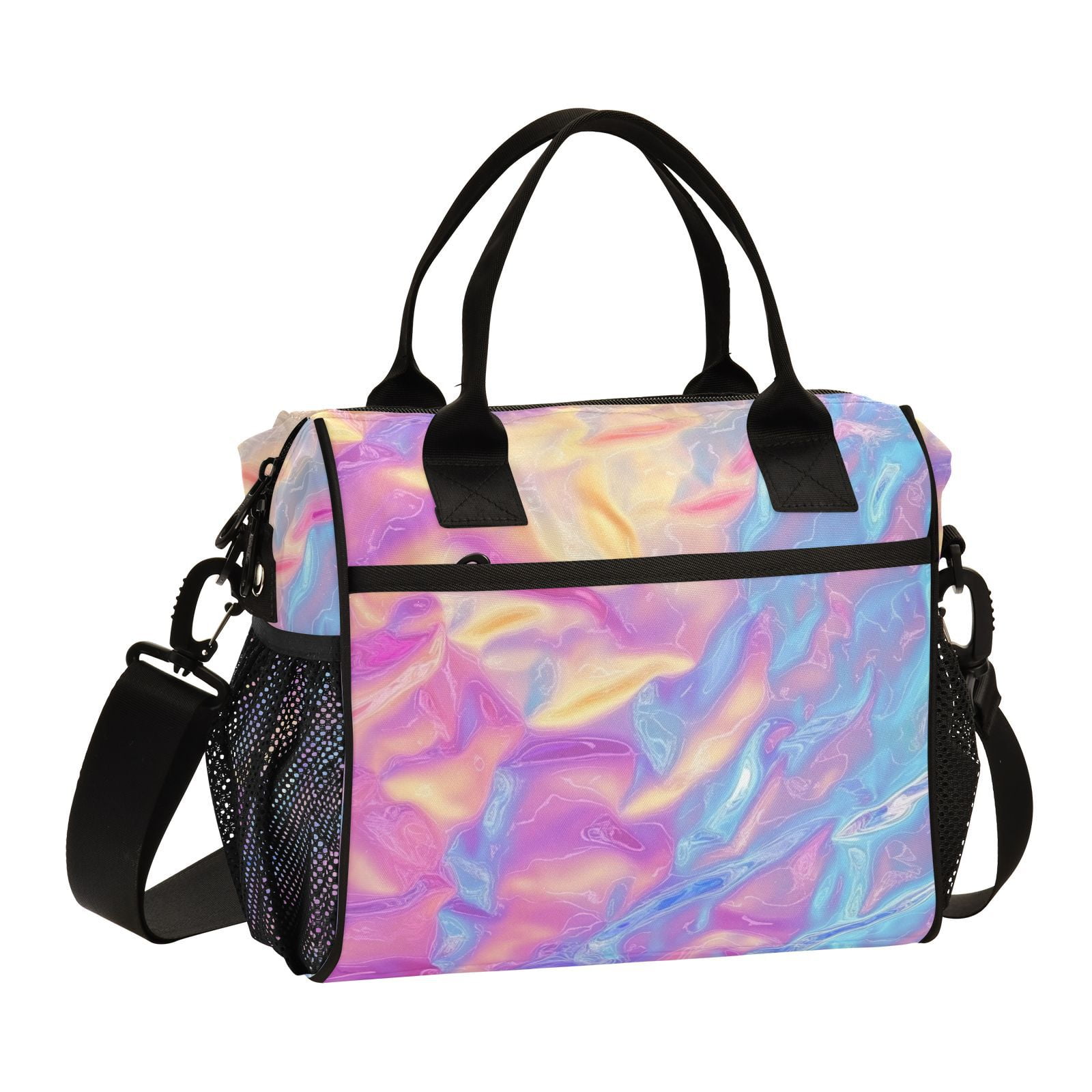 Ckdifva Colorful Hologram Waves Cooler Bag Cooler Cooling Tote Lunch Bag Lunch Box Front Pocket with Shoulder Strap
