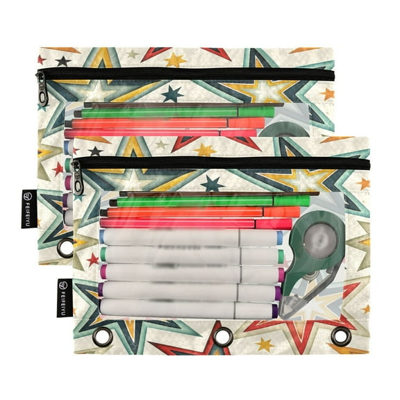 Ckdifva Complex Stars Pencil Pouch 3 Ring Zipper Pencil Case Binder Pockets Clear Top Cosmetic Bag 2 Pack