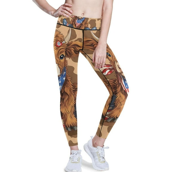 Ckdifva Cowboy American Flag Cow Yoga Pants with Pockets for Women Workout Athletic Yoga Leggings