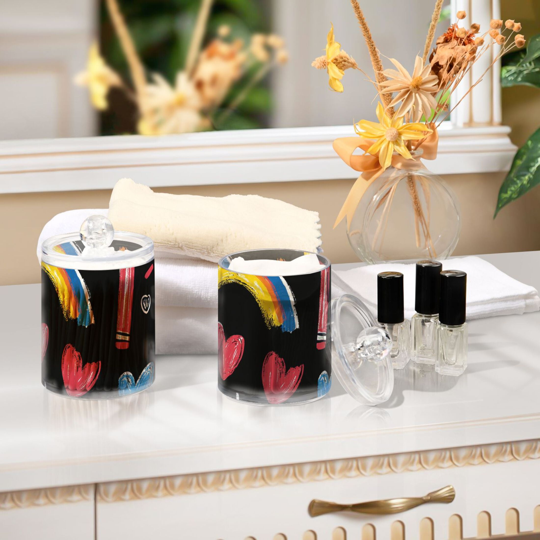Ckdifva Crayons and Rainbows Hearts Storage Jar with Lid Acrylic Organization Storage Containers Set of 4