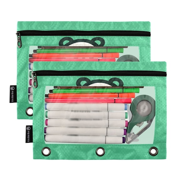 Ckdifva Cute Bear Pencil Pouch 3 Ring Zipper Pencil Case Binder Pockets Clear Top Cosmetic Bag 2 Pack