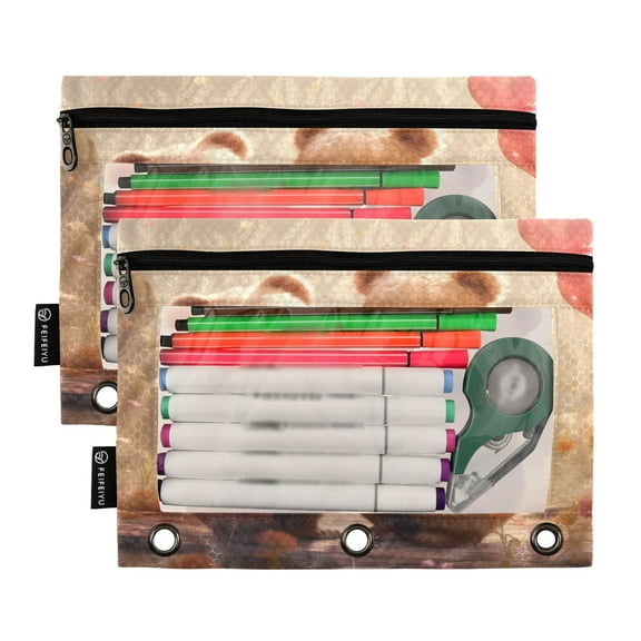 Ckdifva Cute Bears Pencil Pouch 3 Ring Zipper Pencil Case Binder Pockets Clear Top Cosmetic Bag 2 Pack