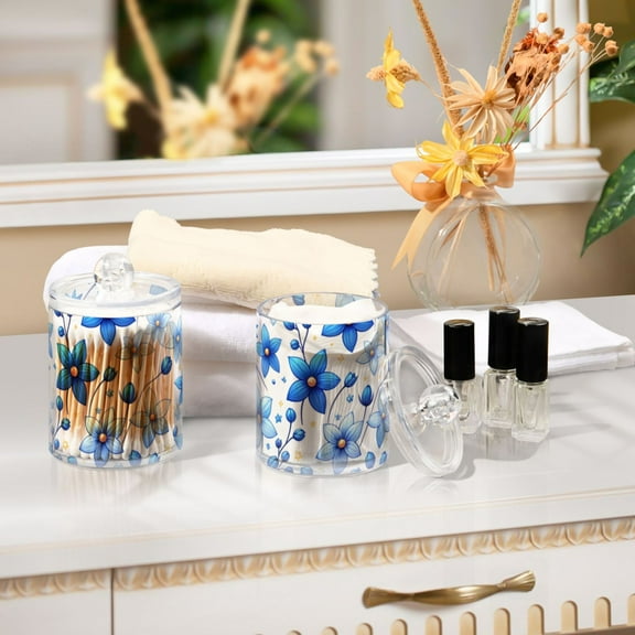 Ckdifva Cute Blue Flowers Storage Jar with Lid Acrylic Organization Storage Containers Set of 2