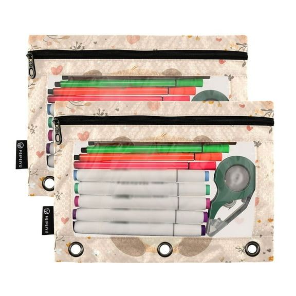 Ckdifva Cute Cartoon Bear Pencil Pouch 3 Ring Zipper Pencil Case Binder Pockets Clear Top Cosmetic Bag 2 Pack