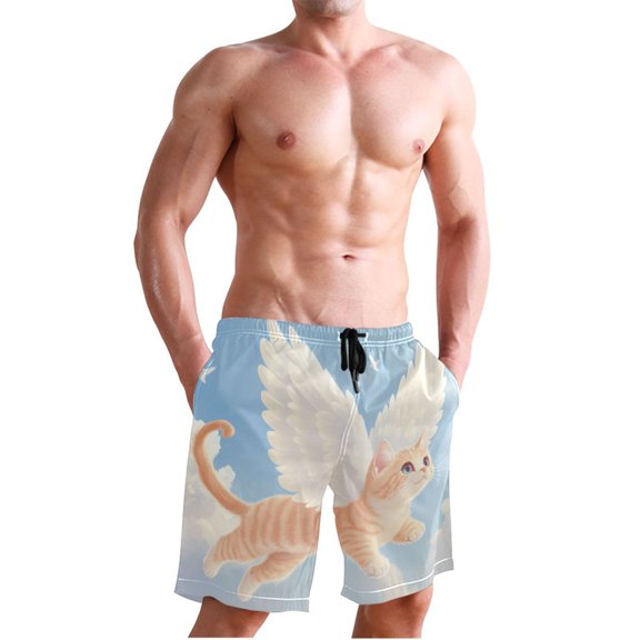 Ckdifva Cute Cat Fly Men's Board Shorts Swim Trunks Drawstring Summer Beach Golf Shorts Quick Dry with Pockets