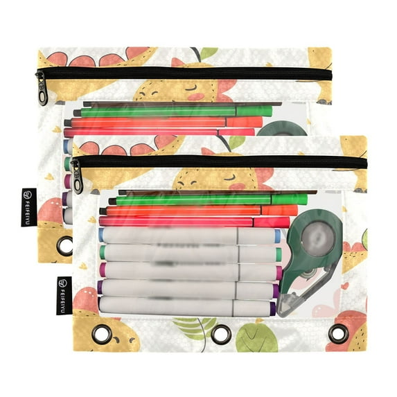 Ckdifva Cute Dinosaur Apples Pencil Pouch 3 Ring Zipper Pencil Case Binder Pockets Clear Top Cosmetic Bag 2 Pack