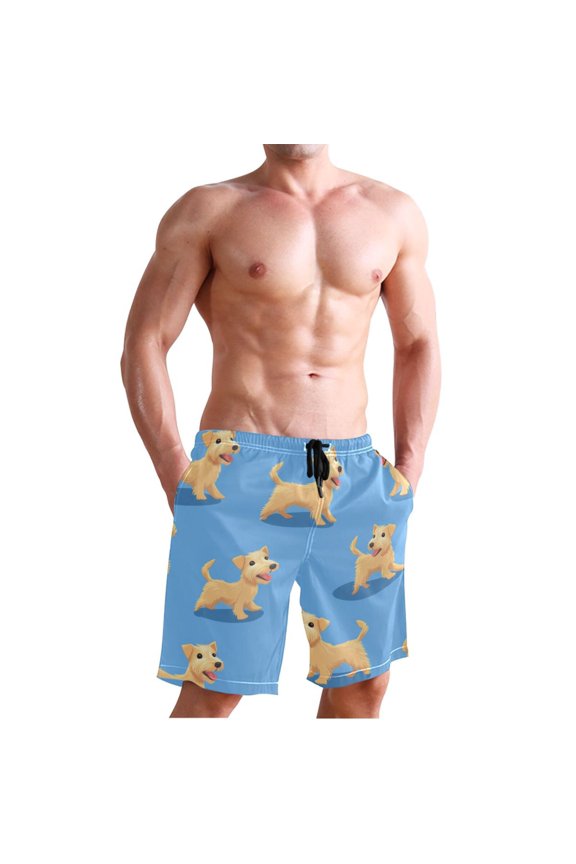 Cute Dogs Run Men's Board Shorts Swim Trunks Drawstring Summer Beach Golf Shorts Quick Dry with Pockets