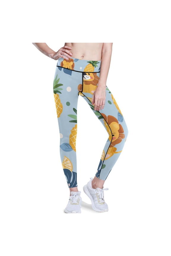 Cute Lions Pineapples Yoga Pants with Pockets for Women Workout Athletic Yoga Leggings