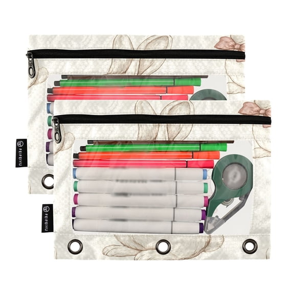 Ckdifva Cute Rabbits with Bows Pencil Pouch 3 Ring Zipper Pencil Case Binder Pockets Clear Top Cosmetic Bag 2 Pack