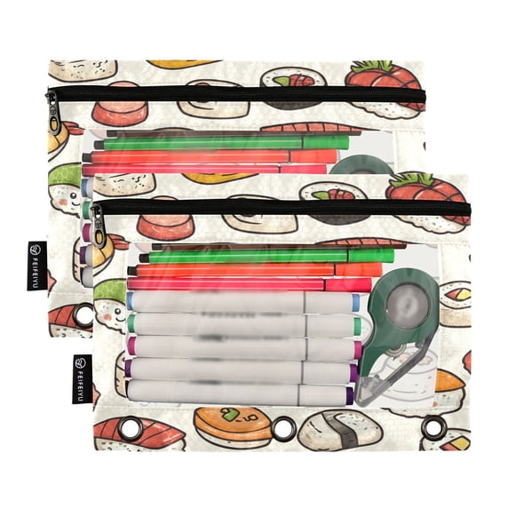 Ckdifva Cute Sushi Pencil Pouch 3 Ring Zipper Pencil Case Binder Pockets Clear Top Cosmetic Bag 2 Pack