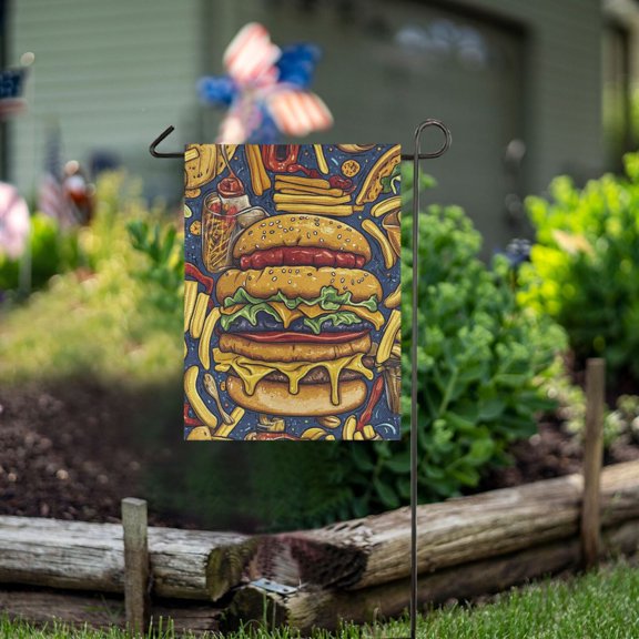 Ckdifva Delicious Hamburgers Fries Garden Flag 12 x 18 Inch Vertical Double Sided for Yard Lawn Outdoor Outside