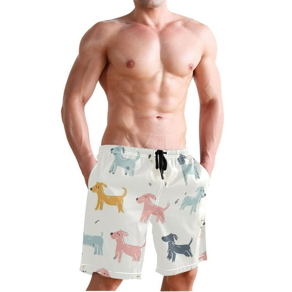 Ckdifva Doodle Colorful Dogs Men's Board Shorts Swim Trunks Drawstring Summer Beach Golf Shorts Quick Dry with Pockets