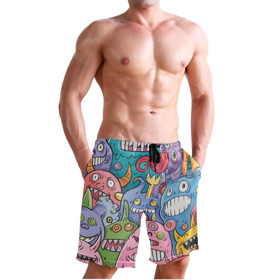 Ckdifva Doodle Cute Monsters Men's Board Shorts Swim Trunks Drawstring Summer Beach Golf Shorts Quick Dry with Pockets