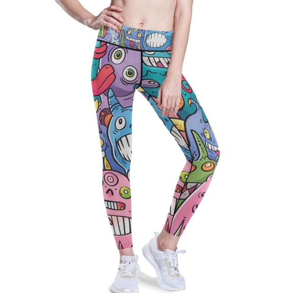 Ckdifva Doodle Cute Monsters Yoga Pants with Pockets for Women Workout Athletic Yoga Leggings