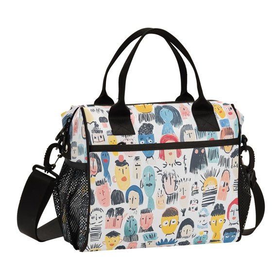 Ckdifva Doodle Faces Cooler Bag Cooler Cooling Tote Lunch Bag Lunch Box Front Pocket with Shoulder Strap