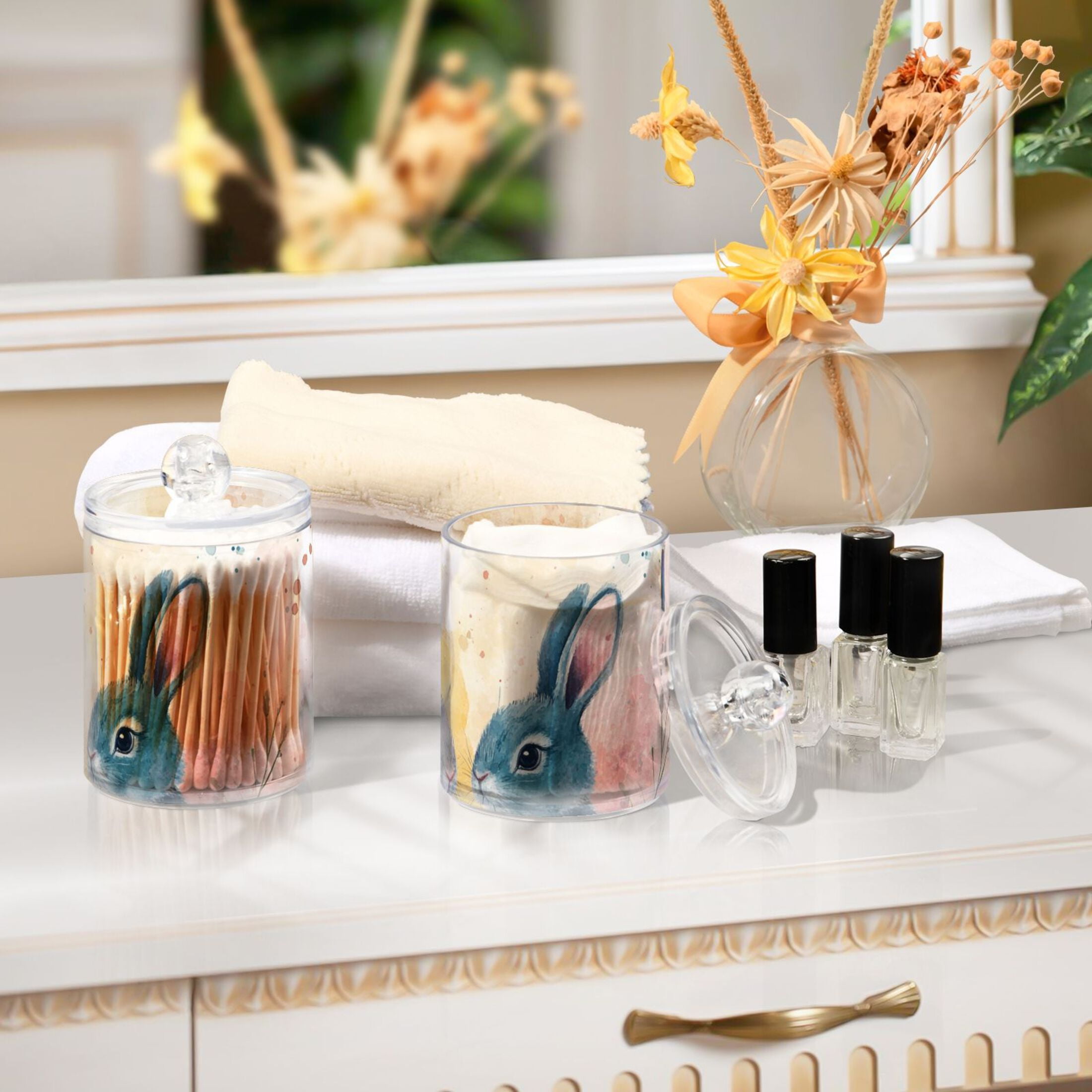 Ckdifva Easter Eggs Bunnies Leaves Storage Jar with Lid Acrylic Organization Storage Containers Set of 4