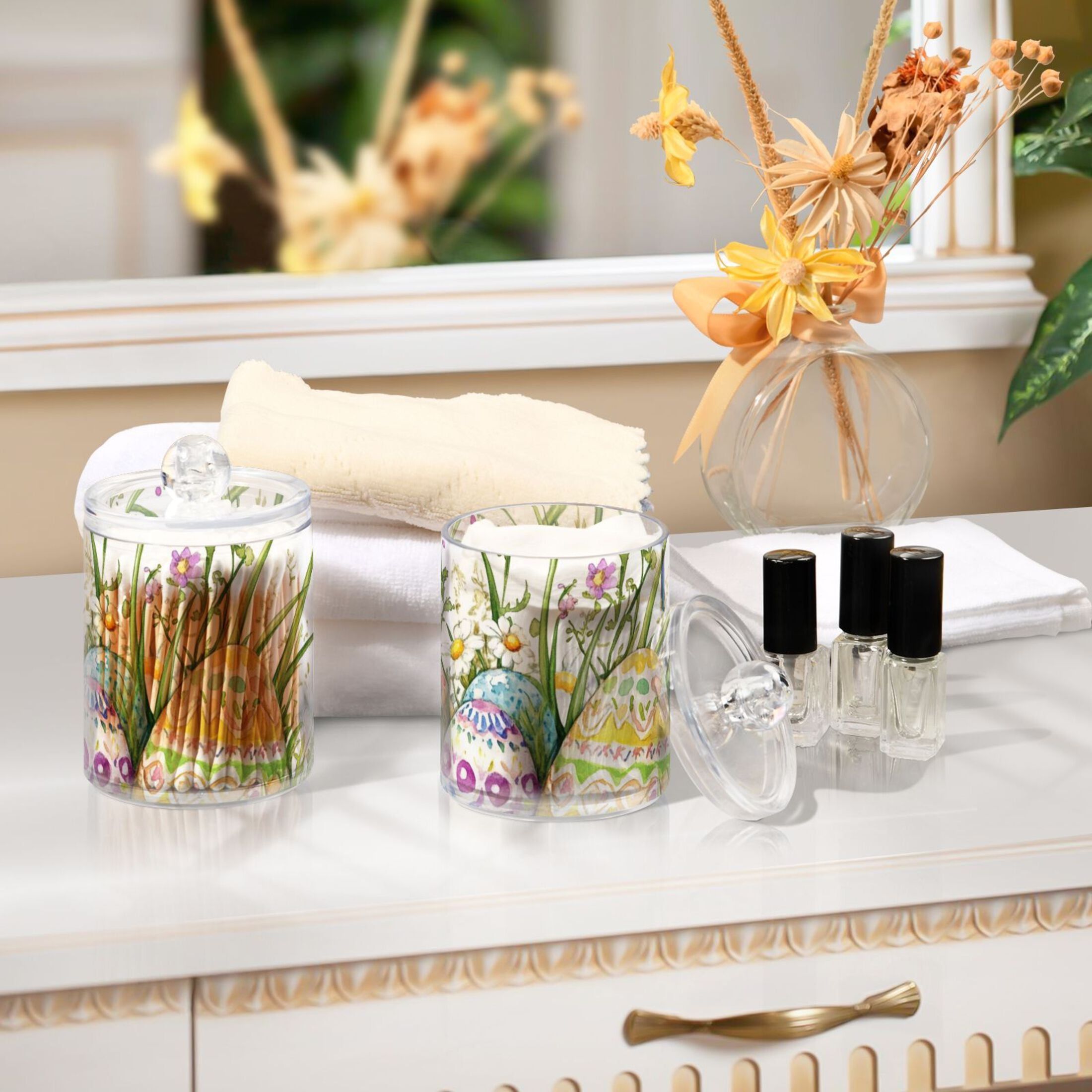 Ckdifva Easter Eggs Flowers Storage Jar with Lid Acrylic Organization Storage Containers Set of 4