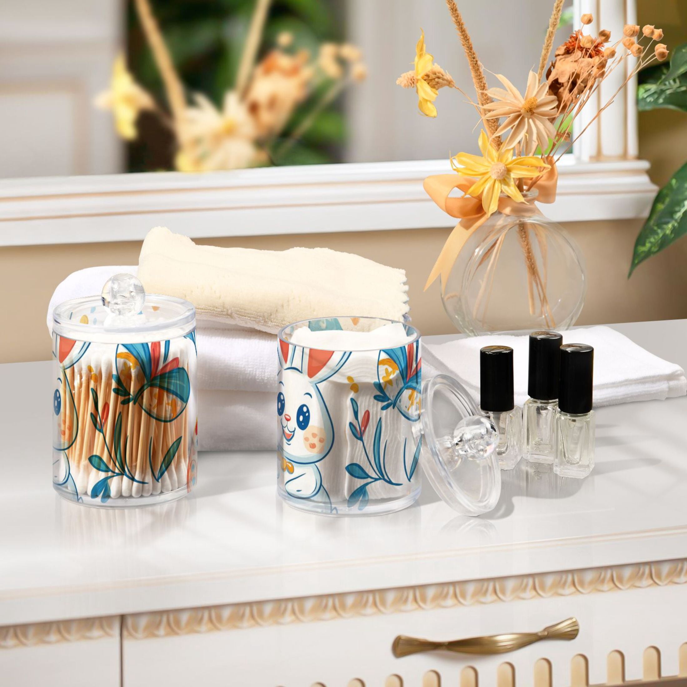 Ckdifva Easter Eggs Rabbits Leaves Storage Jar with Lid Acrylic Organization Storage Containers Set of 4