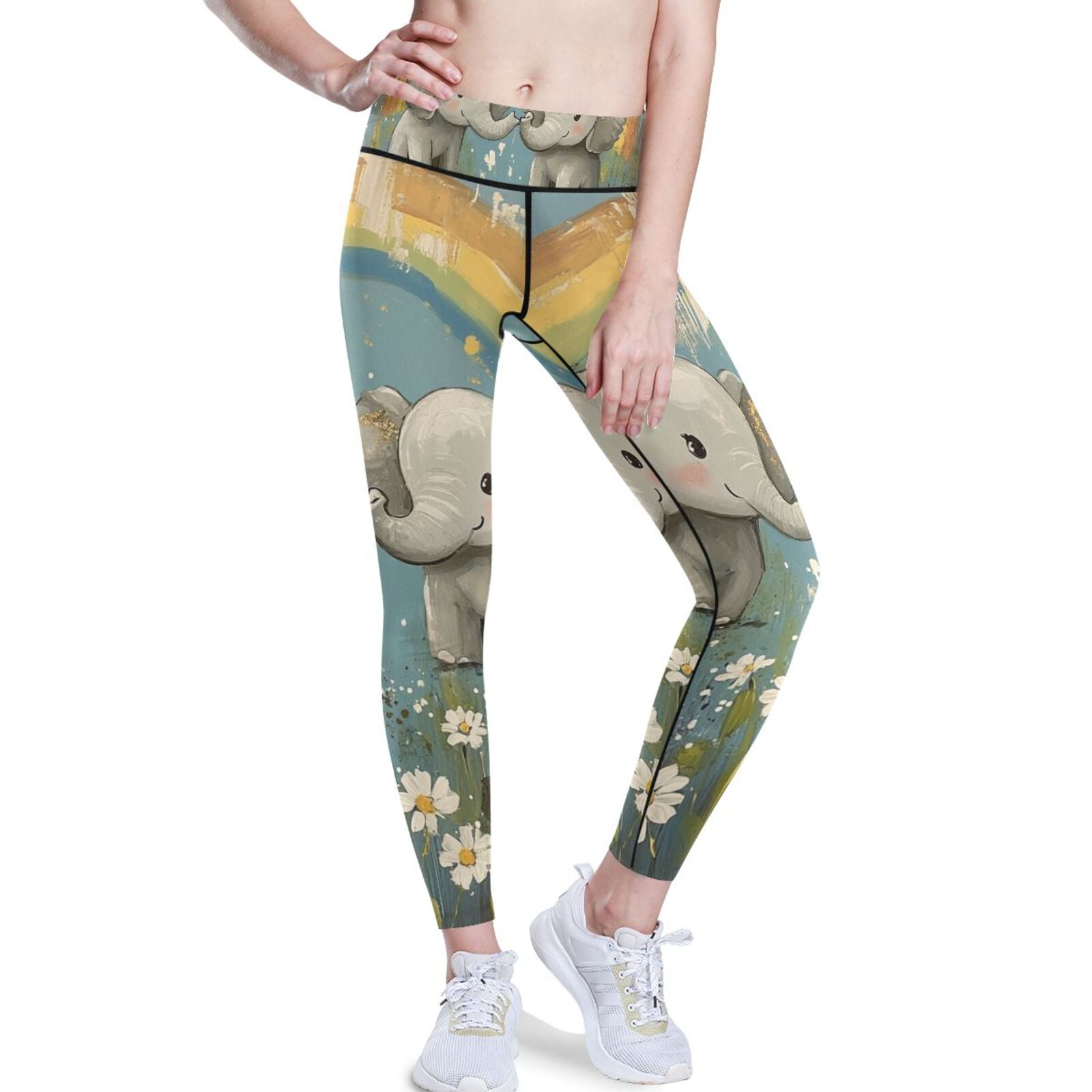 Ckdifva Elephants and Rainbows Flowers Yoga Pants with Pockets for