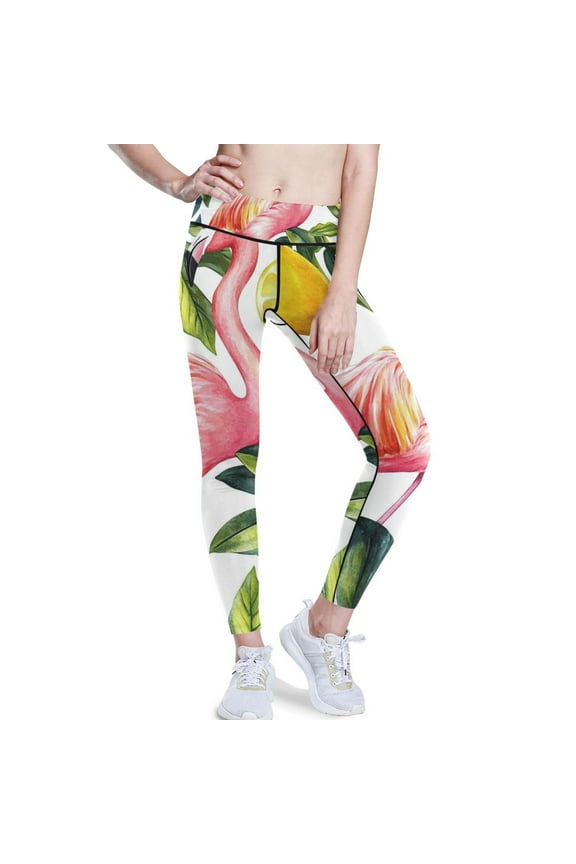 Flamingo Leaves Lemons Yoga Pants with Pockets for Women Workout Athletic Yoga Leggings