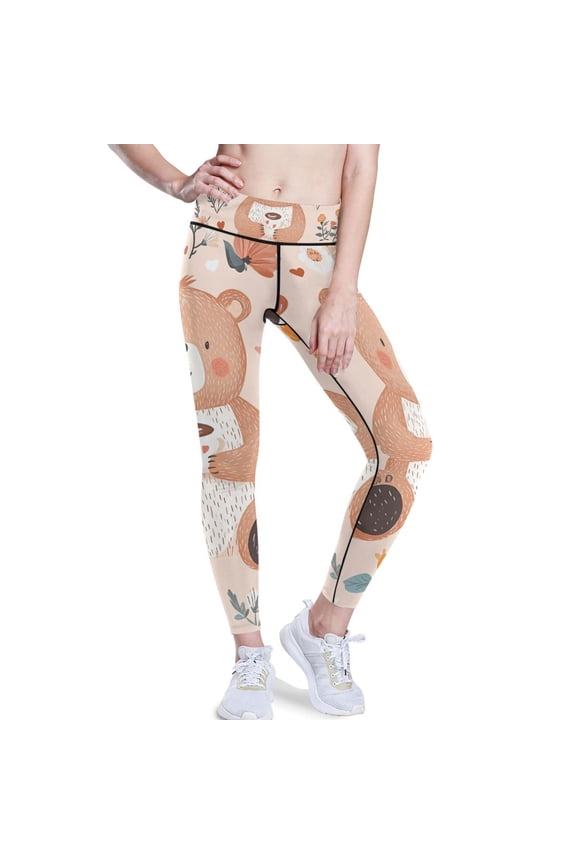 Flowers and Bears Yoga Pants with Pockets for Women Workout Athletic Yoga Leggings