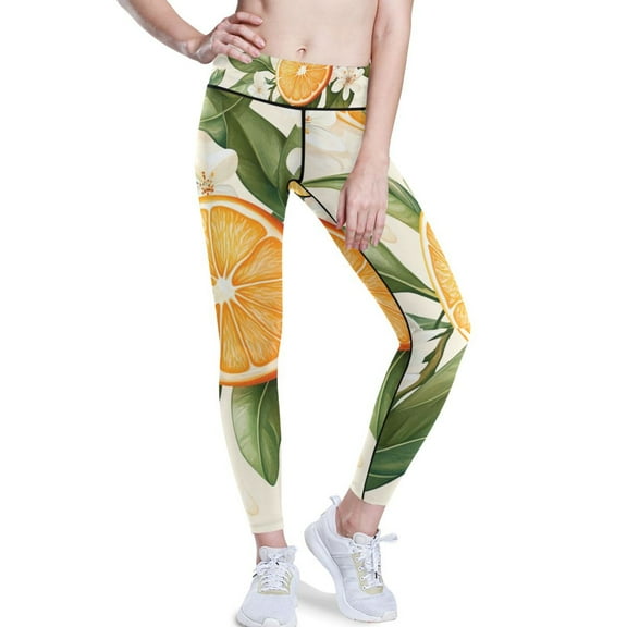 Ckdifva Flowers with Oranges Yoga Pants with Pockets for Women Workout Athletic Yoga Leggings