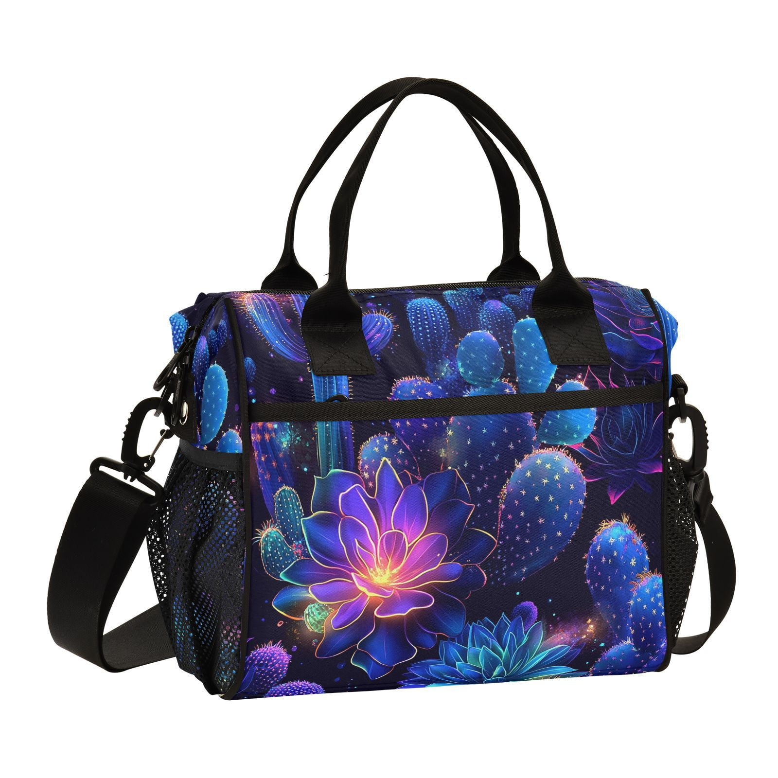 Ckdifva Glowing Flowers Cactus Cooler Bag Cooler Cooling Tote Lunch Bag Lunch Box Front Pocket with Shoulder Strap