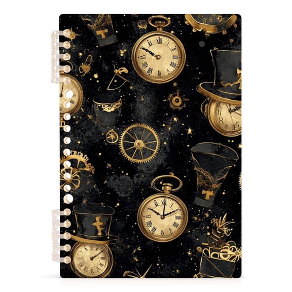 Ckdifva Gold Clocks Machines Hats A5 Ring Binder Notebook Journey Note Diary College Ruled Study 60 Pages