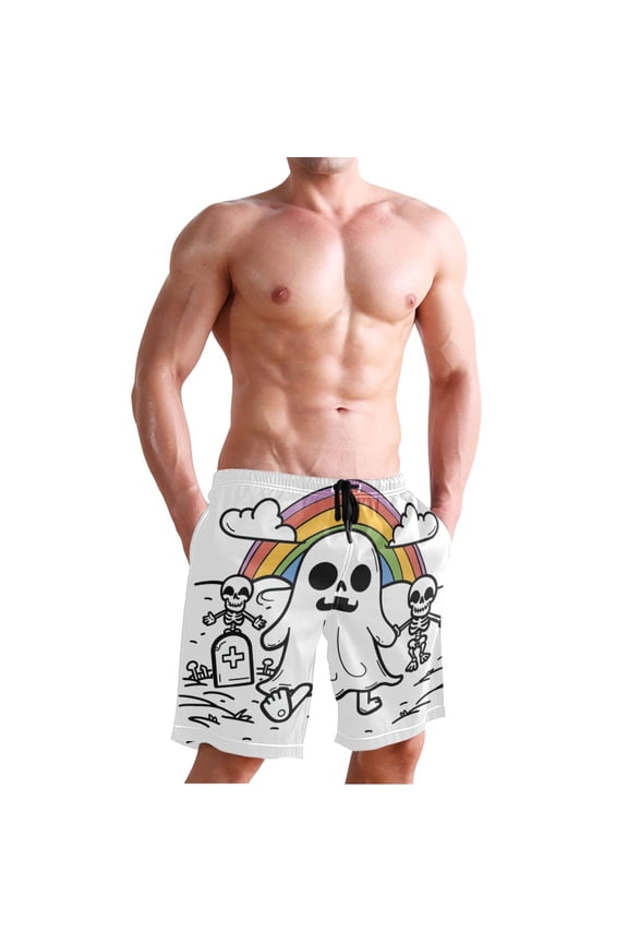 Gost Skeleton Rainbow Men's Board Shorts Swim Trunks Drawstring Summer Beach Golf Shorts Quick Dry with Pockets