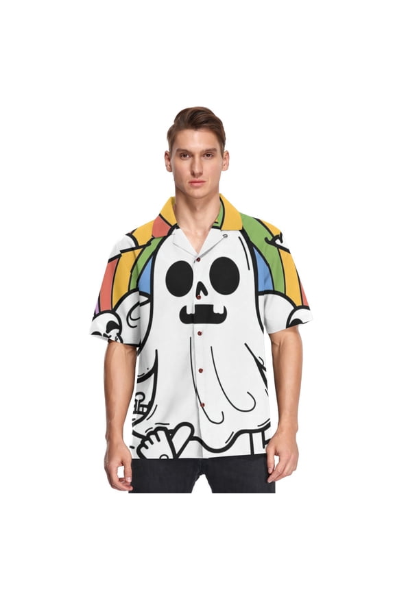 Gost Skeleton Rainbow Mens Button Down Short Sleeve Shirt Casual Shirts Beach Hawaiian Shirts