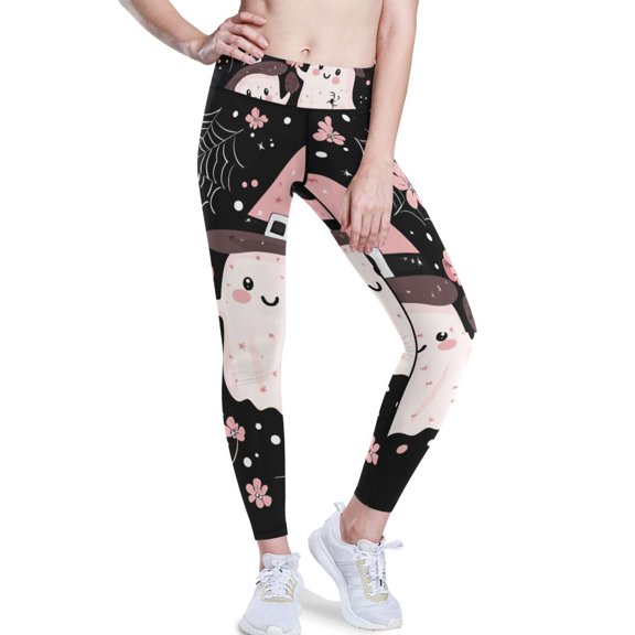 Ckdifva Halloween Pink Ghosts Flowers Yoga Pants with Pockets for Women Workout Athletic Yoga Leggings
