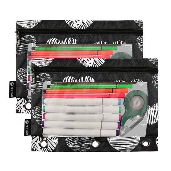 Ckdifva Hearts in Black Pencil Pouch 3 Ring Zipper Pencil Case Binder Pockets Clear Top Cosmetic Bag 2 Pack
