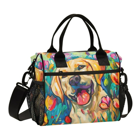 Ckdifva Labrador Dog Flower Cooler Bag Cooler Cooling Tote Lunch Bag Lunch Box Front Pocket with Shoulder Strap