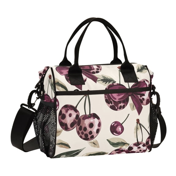 Ckdifva Leopard Cherry Bow Cooler Bag Cooler Cooling Tote Lunch Bag Lunch Box Front Pocket with Shoulder Strap