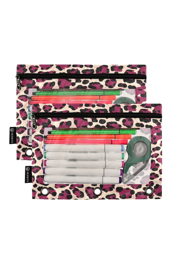 Leopard Print Pink Pencil Pouch 3 Ring Zipper Pencil Case Binder Pockets Clear Top Cosmetic Bag 2 Pack