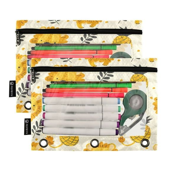 Ckdifva Lions Pineapples Pencil Pouch 3 Ring Zipper Pencil Case Binder Pockets Clear Top Cosmetic Bag 2 Pack