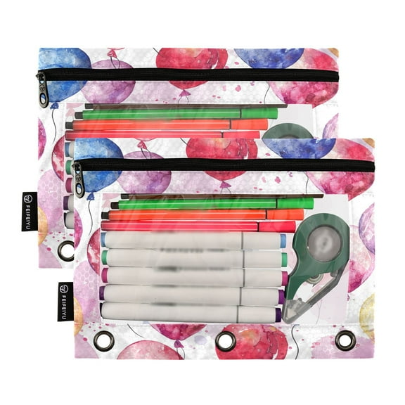 Ckdifva Many Balloons Pencil Pouch 3 Ring Zipper Pencil Case Binder Pockets Clear Top Cosmetic Bag 2 Pack