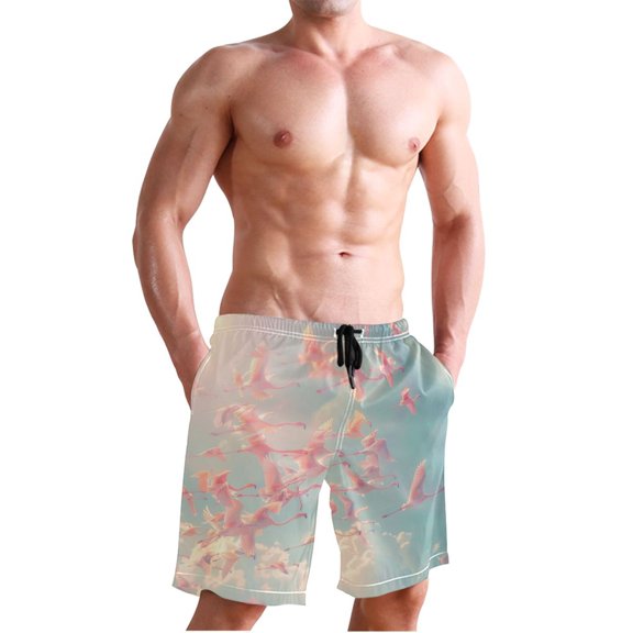 Ckdifva Many Fly Flamingos Men's Board Shorts Swim Trunks Drawstring Summer Beach Golf Shorts Quick Dry with Pockets