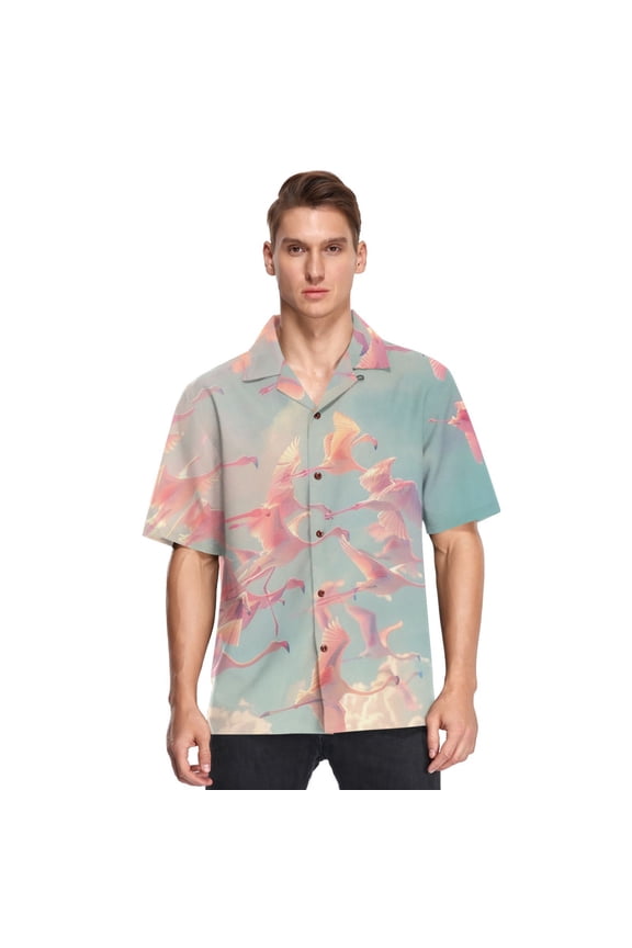 Many Fly Flamingos Mens Button Down Short Sleeve Shirt Casual Shirts Beach Hawaiian Shirts