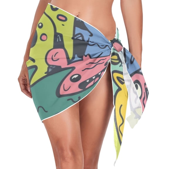 Ckdifva Monsters Doodle Beach Cover Up for Women Swimsuit Coverups Bikini Wrap Short Skirt