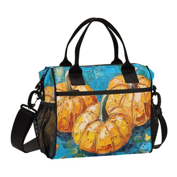 Ckdifva Oil Painting Pumpkins Cooler Bag Cooler Cooling Tote Lunch Bag Lunch Box Front Pocket with Shoulder Strap